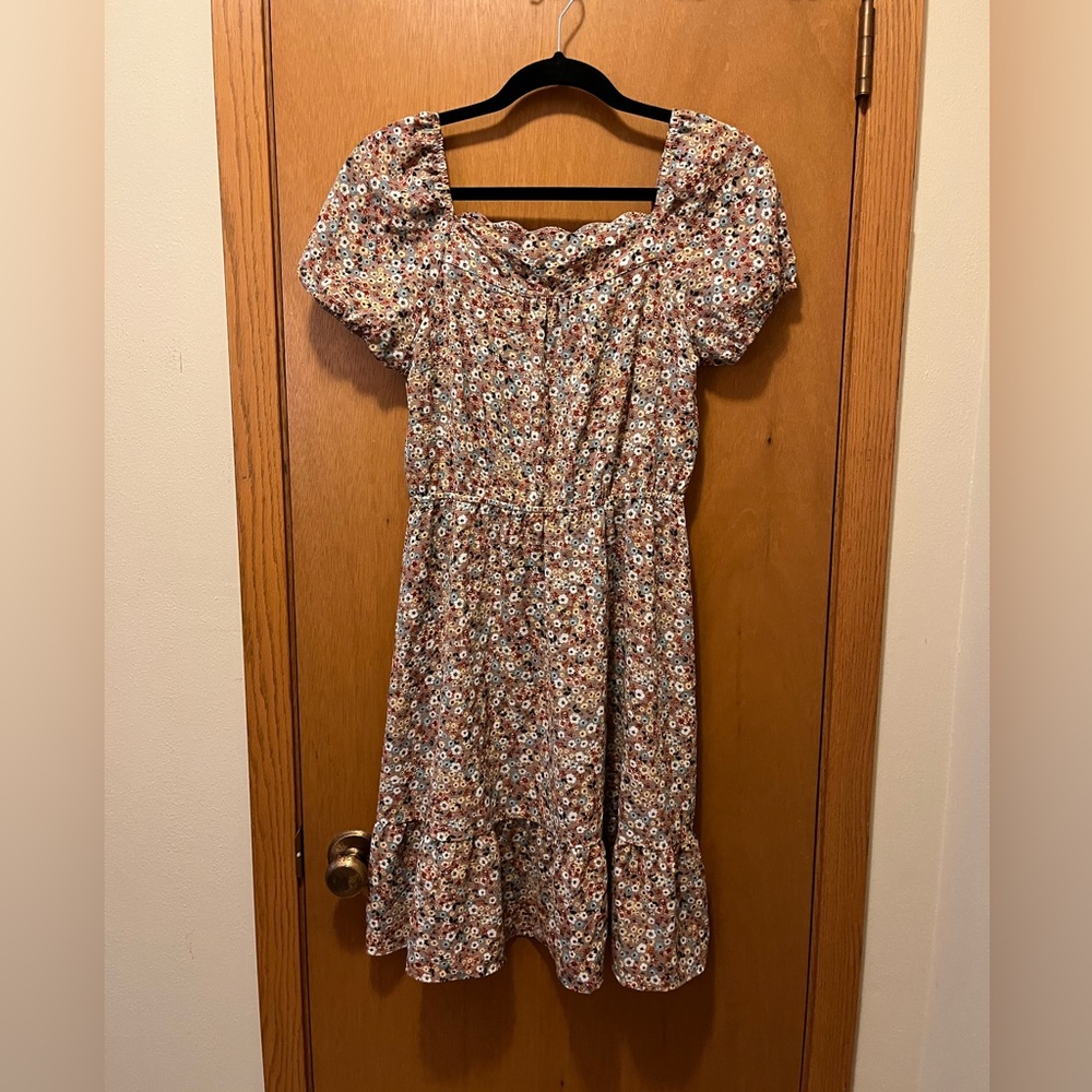 Monteau LA Earth Tones Floral Tiered Dress Women’s Size Small